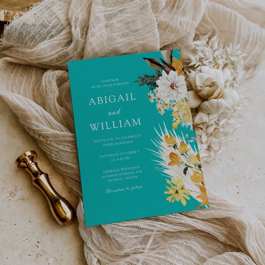 Botanical Sunshine Garden Florals Teal Wedding 招待状
