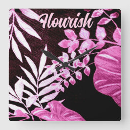 Botanical Tropical Leaves Palm Pink Personalized スクエア壁時計