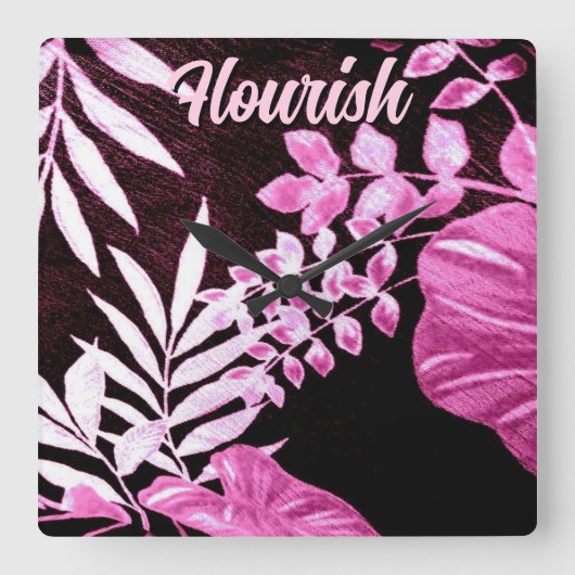 Botanical Tropical Leaves Palm Pink Personalized スクエア壁時計 (正面)