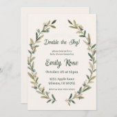 Botanical Twin Baby Shower Olive Branch Boho Green 招待状 (正面/裏面)