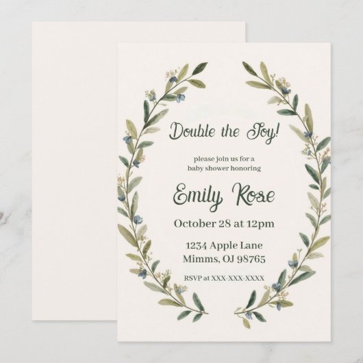 Botanical Twin Baby Shower Olive Branch Boho Green 招待状 (正面/裏面)