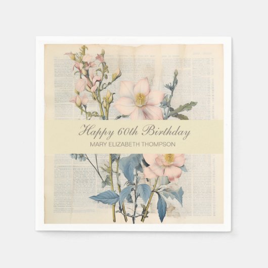  Botanical Vintaqe Wildflower 60th Birthday スタンダードカクテルナプキン (正面)