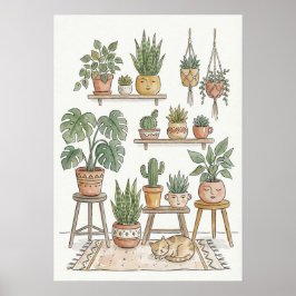 Botanical Wall Art Print with Cat Plant Lover Gift ポスター