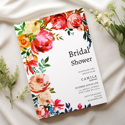 Botanical watercolor colorful floral Bridal Shower 招待状