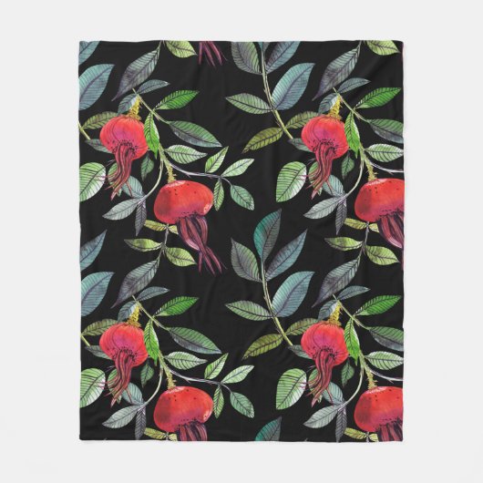 Botanical watercolor drawing dogrose pattern. Brig フリースブランケット (正面)