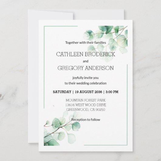 Botanical Watercolor Greenery Eucalyptus Wedding 招待状 (正面)
