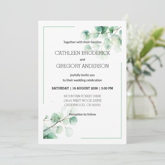 Botanical Watercolor Greenery Eucalyptus Wedding 招待状 (スタンド正面)