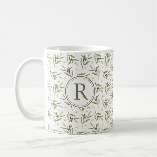Botanical Watercolor Greenery Initial R Monogram コーヒーマグカップ (左)