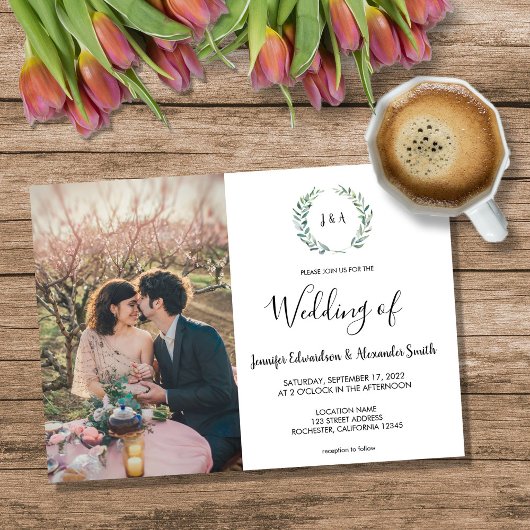 Botanical watercolor leaves monogram photo Wedding 招待状