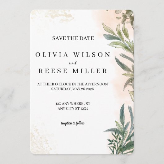 Botanical Watercolor Wedding Save the Date 招待状 (正面)