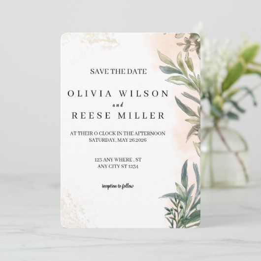 Botanical Watercolor Wedding Save the Date 招待状 (スタンド正面)