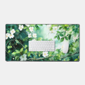 Botanical Watercolor White Blossoms Green Leaves デスクマット (キーボード&マウス)