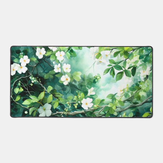 Botanical Watercolor White Blossoms Green Leaves デスクマット (正面)
