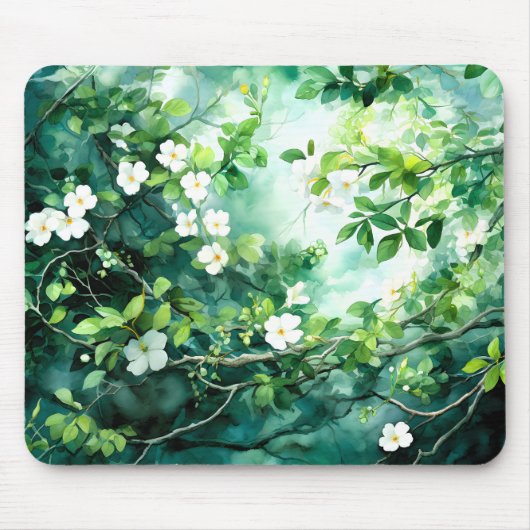 Botanical Watercolor White Blossoms Green Leaves マウスパッド (正面)