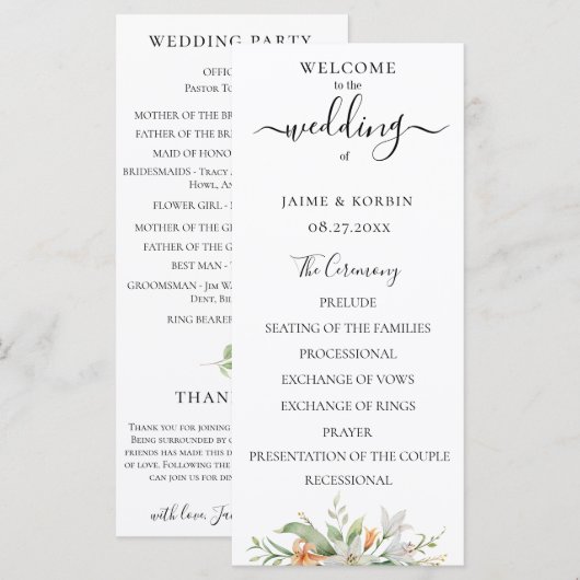 Botanical Watercolour Floral Lily Wedding プログラム (正面/裏面)