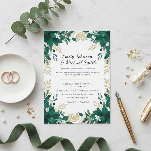 Botanical Wedding Invitation with Green Leaves 招待状