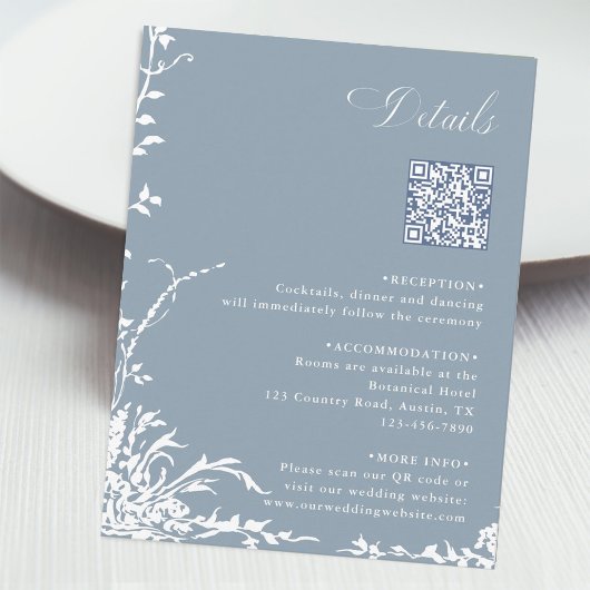 Botanical Wedding QR Code Details Dusty Blue  エンクロージャーカード