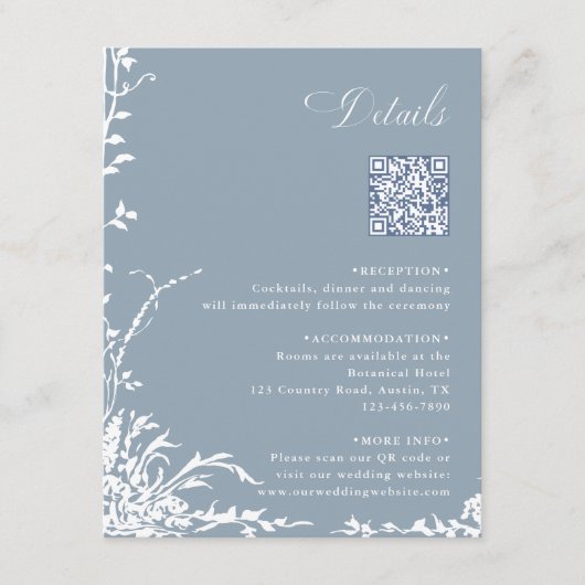 Botanical Wedding QR Code Details Dusty Blue  エンクロージャーカード (正面)