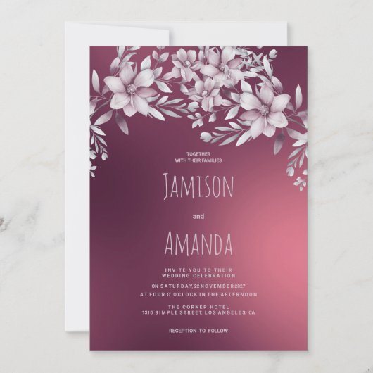 Botanical white  burgundy floral gradient Wedding 招待状 (正面)