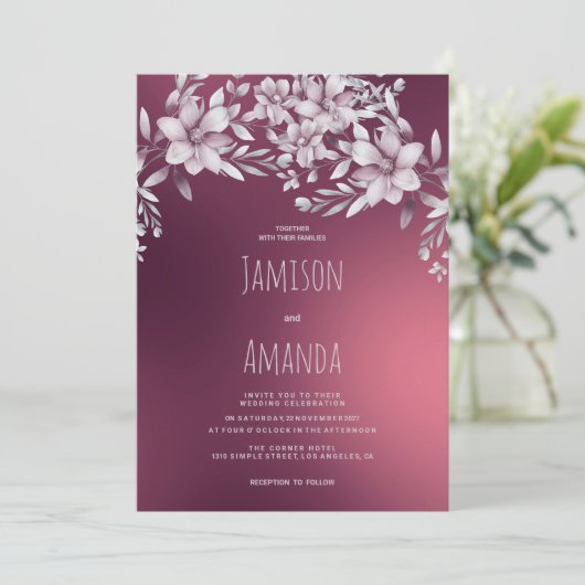 Botanical white burgundy floral gradient Wedding 招待状 (スタンド正面)