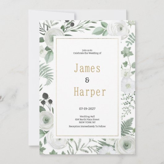 Botanical white mint berries floral Wedding 招待状 (正面)