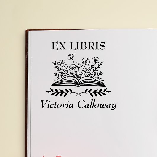 Botanical Wildflower Open Book Ex Libris Bookplate ラバースタンプ