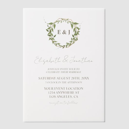 Botanical Wreath Earth Tone Wedding ベラム紙招待状 (正面)