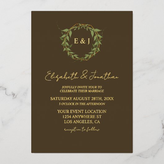 Botanical Wreath Earth Tone Wedding 箔招待状 (正面)