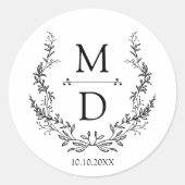 botanical wreath initials monogram wedding elegant ラウンドシール (正面)