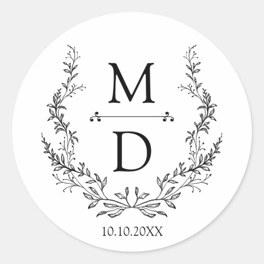 botanical wreath initials monogram wedding elegant ラウンドシール (正面)