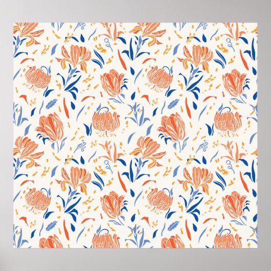 Botany linocut baroque:フローラシームレスな背景 ポスター (正面)
