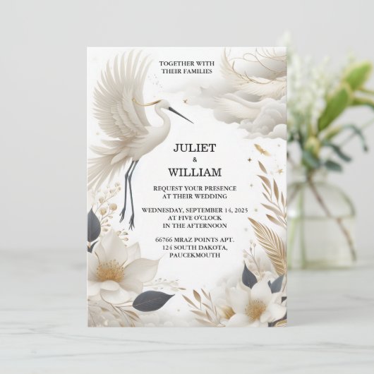 Both Feather 素朴 Asian Sky Cloud Crane 結婚's 招待状 (スタンド正面)