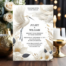 Both Feather 素朴 Asian Sky Cloud Crane 結婚's 招待状