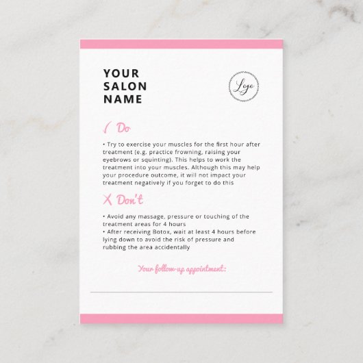 Botoxアフターケアの美しいサロン 名刺 (裏面)