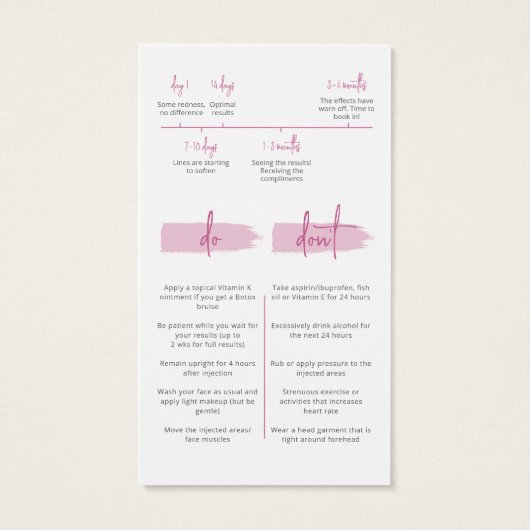 Botox注射アフターケアカードタイムラインが行わない (裏面)