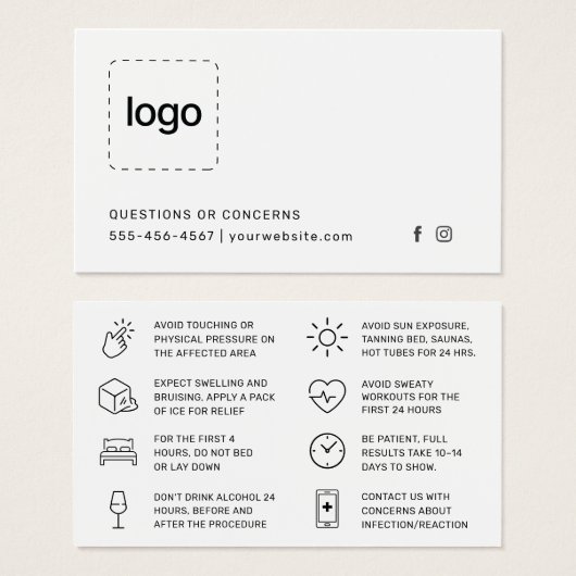 Botox Filler Injection Aftercare Instruction Card (正面&裏面)