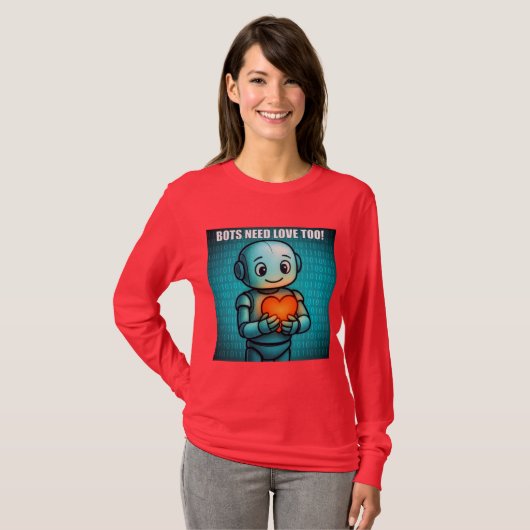 Bots Need Love Too - Women's Bright Red Lng Sleeve Tシャツ (正面フル)