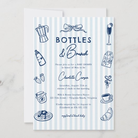 Bottles and Brunch Doodle Baby Shower QR Code 招待状 (正面)