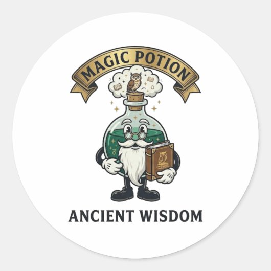 Botto Ancient Wisdom Wizard Magic Potion Owl Retro ラウンドシール (正面)
