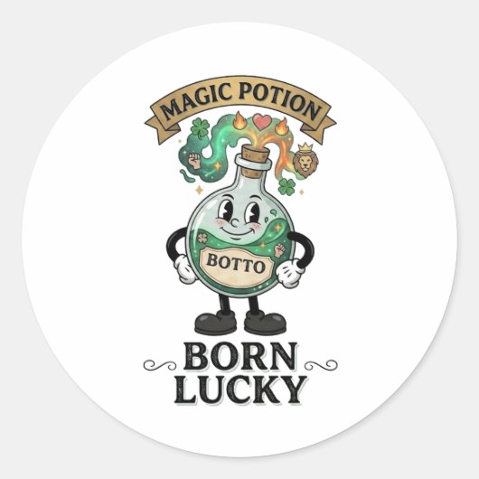 Botto Born Lucky Magic Potion Retro Cartoon Mascot ラウンドシール (正面)
