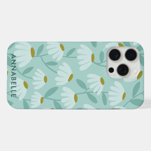 Bottom Monogram Name Teal Blue Floral Pattern iPhoneケース (裏面横)