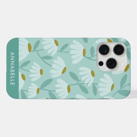 Bottom Monogram Name Teal Blue Floral Pattern iPhoneケース (裏面横)