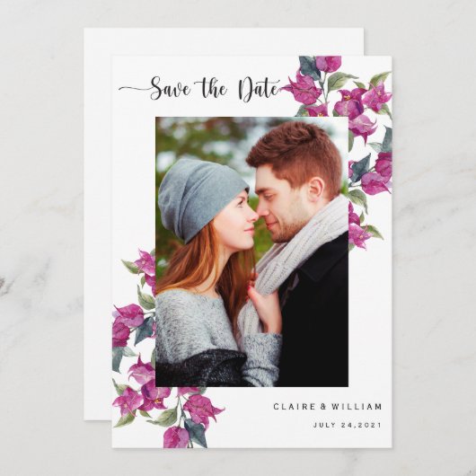 Bougainvilleaフローラ写真の結婚式の日付を保存 セーブザデート (正面/裏面)