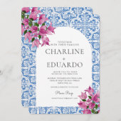 Bougainvillea Bluetile地中海のの結婚QR 招待状 (正面/裏面)