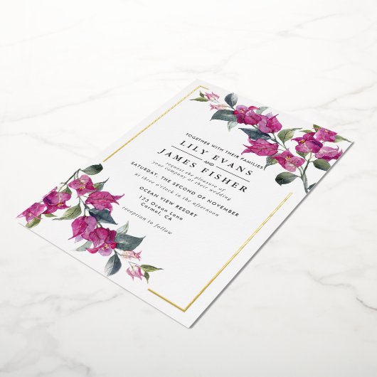 Bougainvillea Burgundyピンクのフローラ結婚のフォイル 箔招待状 (回転した状態)