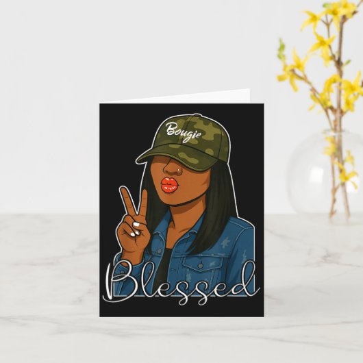 Bougie Blessed Camo Hat Christian Black Woman カード (黄色い花)