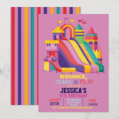 Bouncy Castle Birthday Party Jump Bounce Pink Girl 招待状 (正面/裏面)