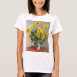 Bouqet of Sunflowers by Claude Monet Tシャツ<br><div class="desc">オスカー・クロード・モネˈト(UK: /ɒmnegradod,  US: /molodˈ,  mnavor: [kmnnname] 14月1840 - 5 1926年12月14日)は印象派の創始者であり、特に彼の自然として彼の鍵に見られるモダニズムのの原説ののののののののののののののののの画家をののをのである。 彼の長いキャリアの間に、彼は印象派の自然以前の自分の認識の哲学の最も一貫性と多産の開業医であっ表現た、特にプレインエア（屋外）の風景に適用され絵画た。[2] 「印象主義」という用語は、モネとその仲間がサロンの代替品として開始した1874年に展示された彼のインプレッション絵画の、純然たるレバントのタイトルに由来する。モネはノルマンディーのルアーブルで育ち、幼い頃からアウトドアやスケッチに興味を持つようになった。母親のルイーズ・ジュスティン・オーブレ・モネは画家の志を支持したが、父親のクロード・アドルフは失意し、ビジネスの道を歩むよう望んだ。彼は彼の母親と非常に近かったが、彼女は1857年1月に16歳で亡くなり、彼は彼の子供のいない妻を持ったが裕福な叔母マリー・ジャンヌ・レカドルと一緒に住むために送られた。アカデミー・スイスで勉強に進み、学歴の画家チャールズ・グレイの下でオーギュスト・ルノアールの同級生として活動した。初期の作品は風景や海の風景、ポートレートなどだが、ほとんど注目を集めなかった。鍵の初期の影響は、彼をプレインエアの概念に導入したユージェーヌ・ブダン絵画だった。1883年からモネは同じくフランス北部のジヴェルニーに住み、住宅や財産を購入し、睡蓮の池を含む広大な造園プロジェクトを開始した。モネの田舎を描くフランスのという野心は、光の移り変わりや季節の移り変わりを捉えるべく絵画、同じシーンを何度も作り出す手法を生み出した。その中で最高のは、彼の生涯の20年間にわたって絶え間なく彼を占領した彼のシリーズのヘイスタックス(1890-91)、ルーアン大聖堂の絵画(1894)、ギヴェルニーの彼の庭の睡蓮の絵画などが知られている。彼の生涯の間に頻繁に展示され、成功したモネの名声と人気は、彼が世界で最も有名な画家の一人となり、芸術家グループの急成長のためのインスピレーションの源となった20世紀後半に急上昇した。デュラン・ルーエルの以前のモネと同胞の支持が低下し始めると、モネ、ルノアール、ピサロ、シスレー、ポール・セザンヌ、エドガー・デガス、ベルテ・モリソトは独立して作品を発表し、その名の下でモネが形成の主要姿であった画家・彫刻家・彫刻家の無名会を開催した。[12インスパイア][12][15]やや年を取った同世代のピサロとエドゥアール・マネの[41] スタイルや運動との関連を避けるために選ばれたグループは、サロンからの独立と支配的な学問主義への拒絶の中で統一された。[12][42]モネはグループの最も有名な風景画家として評判を得た。[16] 1874年の第1回展では、モネがインプレッション、日の出、ランチョン、ブールバード・デ・カプシネスを展示した[43] 美術評論家のルイ・ラロイ書は、敵対的な評論を行った。Impression、Sunrise(1872)、ルアーブル港の漠然とした描写、文体の迂回路に注目し、「印象主義」という言葉を作り上げた。[15][42]より進歩的な批評家は人生の描写を賞賛した – ルイ・エドモンド・デュランティは彼らのスタイル絵画を「革命の」と呼んだ。[42] 彼はその後インスパイアその名を後悔し信じて、彼等が「その多数は印象派を持たぬ」集団であると云った。[14] 総出席数は三百人と推定される。モネ価格の印象：1000フランで日の出が売れなかった。[44][45][46]展示会は60フランを支払う準備ができている誰にでも開かれ、アーティストは陪審員の干渉なしに作品を展示する機会を開いた。[44][45][46]もう6]サロンにに再反対の18776与え66666666のでに展。[28][47]第3回展では、1877年4月5日厳選された、過去でガレ・サン・ラザレを使って制作したダースの作品7点を1877年4月5日に、彼は初めて「同じ場所の多くの絵画と同期し、その場面と時代性を慎重にに調整した」した。 絵画は批評家に好評を博し、特に列車の発着の仕方を賞賛した[48]。 4回目の展示では、彼の関与はカイロボッテ側の交渉によって行われた。[15] [49][50]モネ、ルノアール、ピサロ、モリソト、セザンヌ、シズリーは実験を行った</div>