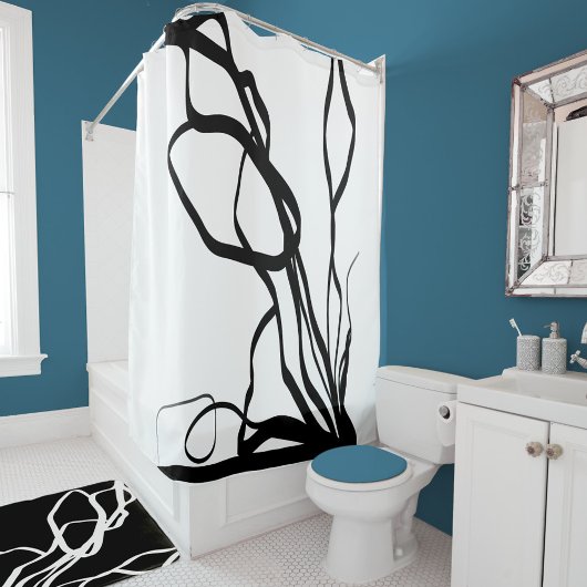 Bouquet Blanc:抽象芸術ホワイト&ブラック シャワーカーテン