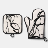 Bouquet Blanc:抽象芸術ホワイト&ブラック 鍋つかみ&鍋敷きセット (正面)